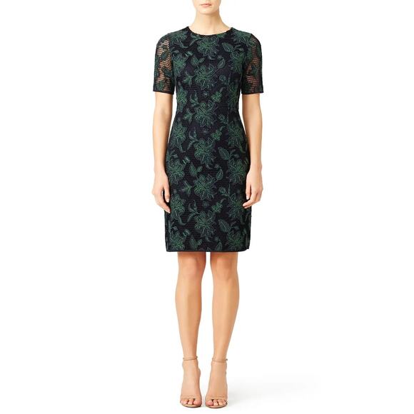 Tory Burch Blue Green Floral Lace Appliqué Fishnet Sheath Knee Length Dress 2 - Picture 1 of 16